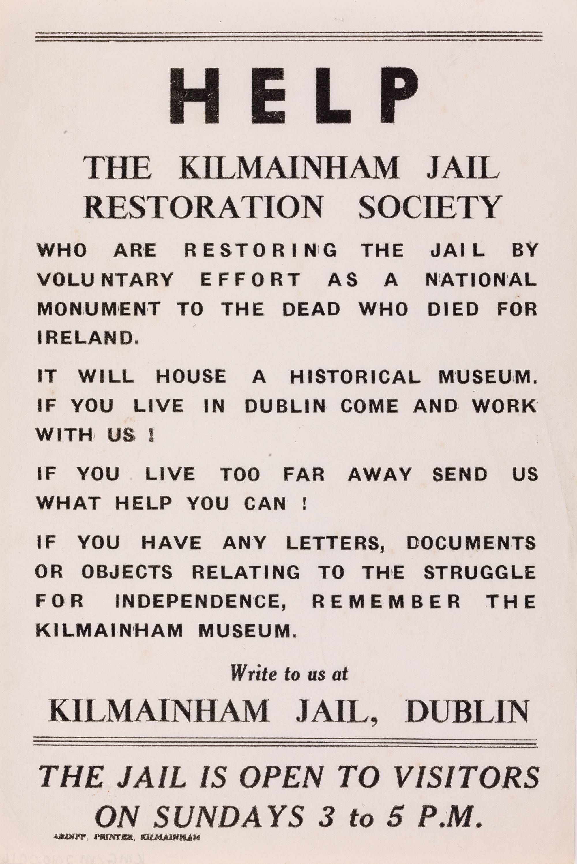 A small poster entitled: 'Help the Kilmainham Jail Restoration Society'. OPW. 